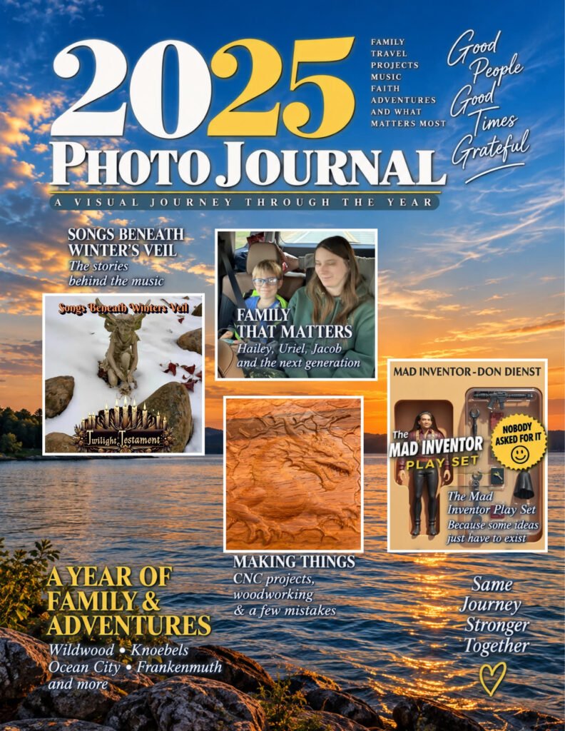 Front cover of the 2025 Photo Journal, a collage of family, creative work, and a sunset over the water